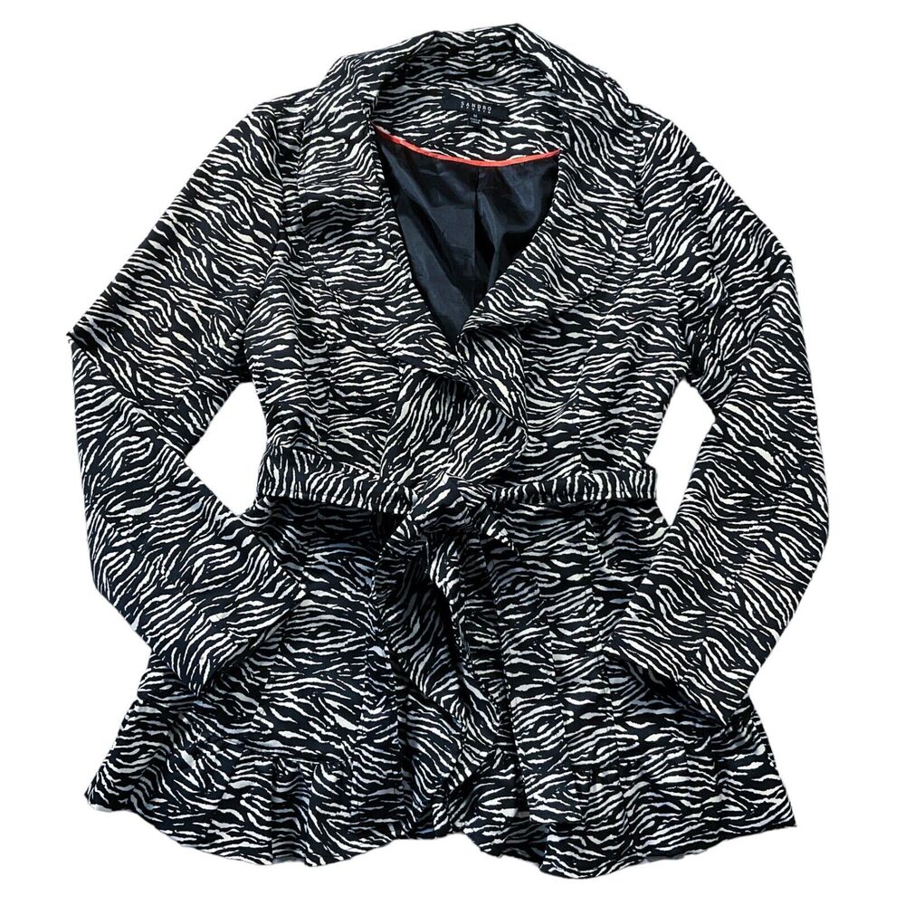Sandro Womens Jacket size Medium Black Cream Animal Print Tie Waist Lined Ruffle